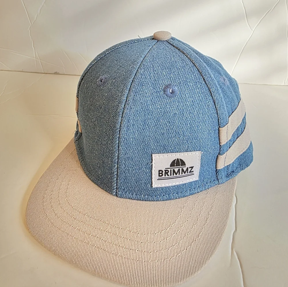 Brimmz Trucker Hat snap back Denim Chambray black Blue White Stripe XS